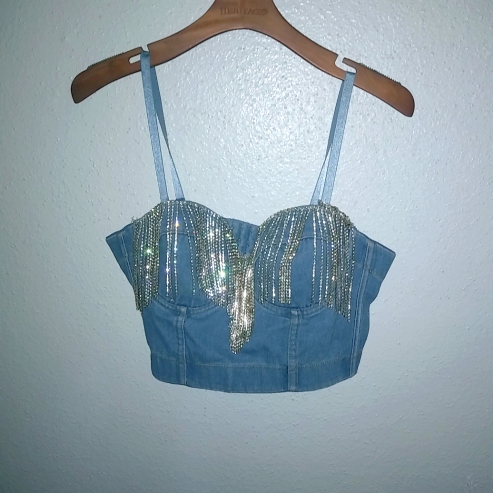 Fashion House L Y2K Glam Denim Jeans Bra Top
